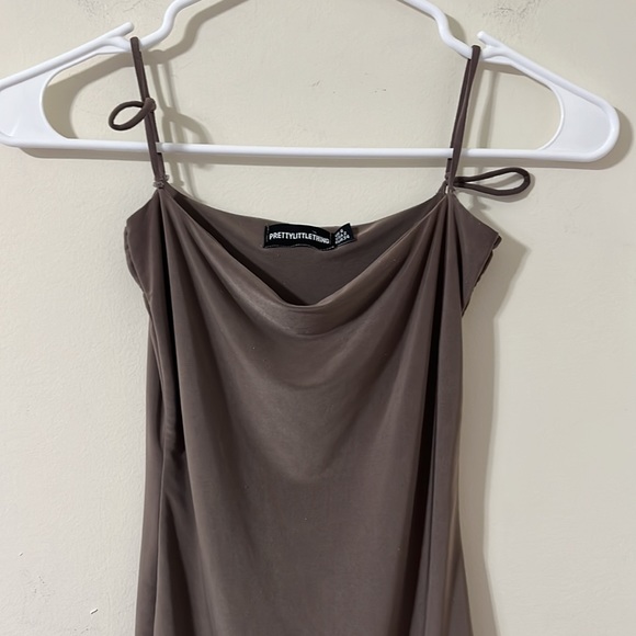 PrettyLittleThing Brown Silky Cowl Neck Spaghetti Strap Bodysuit Size 2 - Picture 2 of 8